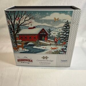 Boardwalk Covered Bridge Christmas Puzzle 1000 pieces - Festive Red and Blue